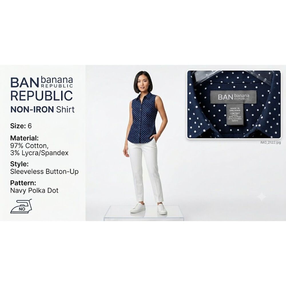 Banana Republic Women's Sleeveless Button-Up Shirt Sz 6 Navy Polka Dot Non-Iron